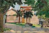 Eugen Spiro, Houses with groups of palm trees at a lake, 1925, oil on canvas
