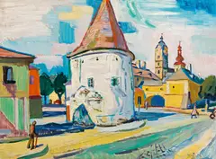 Wolfgang Schönthal, Fischerturm in Stein, oil on hardboard