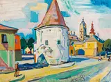 Wolfgang Schönthal, Fischerturm in Stein, oil on hardboard