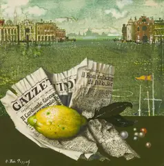 Hans Robert Pippal, Kleines Venezianisches Stillleben: Zitrone auf Gazzettino, c. 1989, oil on hardboard