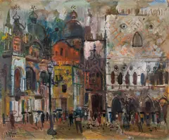 Ernst Schrom, Markusplatz im Regen, 1960, oil on hardboard; unframed