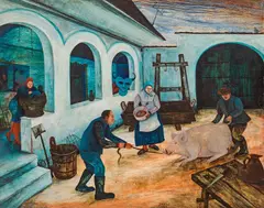 Hermann Serient, At the butcher - "Sautanz, 1973, oil on hardboard