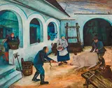 Hermann Serient, At the butcher - "Sautanz, 1973, oil on hardboard