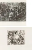 Alfred Hrdlicka, mixed lot of two prints: Self-flagellation; Save the wood, etching; offset on paper on page of calender; both unframed