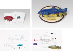 Deborah Sengl, The trout - as bandit- the desired prey exposes itself (fish + 2 sketches), 2001, moving plastic-fish, plastic on wood; 2 sketches: mixed media on paper; unframed