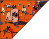 Peter Sengl, Kneeling in front of 10 parrots, 2013, oil on panel; framed
