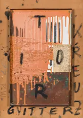 Peter Weibel, Trio, 1979, mixed media, collage, sheet metal on plate; unframed