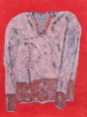 Alfred Klinkan, Mit dem Pullover von Gloriette buderst um die Wett'!, 1975, acrylic on canvas; unframed