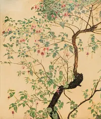 Tree with fuchsia by Erwin Dom Osen, gouache on paper on plywood panel, sold Dec 2019