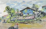 Oskar Laske, Farmhouse with vegetable garden, 1948, mixed media on paper