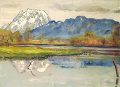 Arnold Clementschitsch, View of Grimming from Lake Putterer, c. 1958, oil on fibreboard