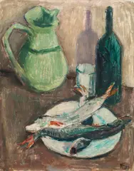Felix Esterl, Still life with jug, wine bottle and fishes, 1927, oil on cardboard