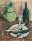 Felix Esterl, Still life with jug, wine bottle and fishes, 1927, oil on cardboard