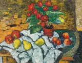 Karl Stark, Still life with flower pot and fruit, 1987, oil on canvas