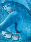 Leherb, Melange with coffee mug, mixed media on paper; framed