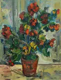 Geraniums by Hans Staudacher, oil on hardboard; framed, offered Dec 2019
