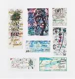 Mixed lot of 7 Christmas and New Year's cards by Hans Staudacher, mixed media on paper, sold Dec 2019