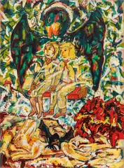 Alfred Klinkan, Two on a bench, oil on linen on canvas; unframed