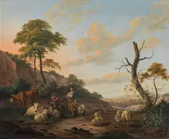 Dionys van Dongen, Landscape with shepherd playing the flute, oil on panel