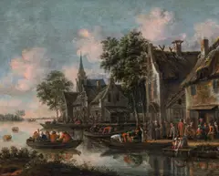 Thomas Heeremans, River landscape with ferry boats in front of a city, oil on panel