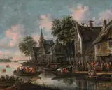 Thomas Heeremans, River landscape with ferry boats in front of a city, oil on panel