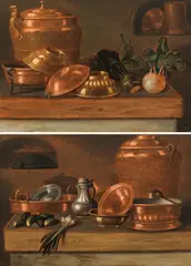 E. R. Lautter, Still life with copper dishes and vegetables (counterparts), oil on panel