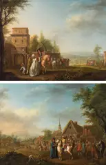 Johann David Schubert, Elegant horsemen in front of a village (counterparts), 1783, oil on canvas
