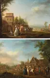Johann David Schubert, Elegant horsemen in front of a village (counterparts), 1783, oil on canvas