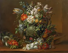 August Wilhelm Sievert, Still life with flowers in a relief vase and strawberries in a metal bowl, oil on copper