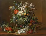 August Wilhelm Sievert, Still life with flowers in a relief vase and strawberries in a metal bowl, oil on copper