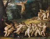 Dancing putti in a forest by Jan Brueghel the Younger, oil on panel, sold Oct 2019