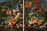 Christian Berentz, Still life with pomegranate and mushrooms (counterparts), oil on canvas