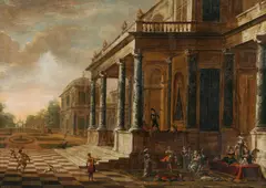 Jakob Ferdinand Saeys, Palace exterior with courtly feast, oil on canvas