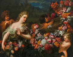 Abraham Brueghel, Flora with cherubs and flowers in Italian landscape, oil on canvas