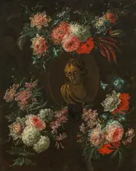 Daniel Seghers, Flower cartouche with a woman's portrait, oil on canvas
