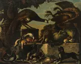 Bartolomeo Arbotori, Hunting still life with peacock and dog, oil on canvas