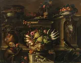 Bartolomeo Arbotori, Kitchen still life with monkey, oil on canvas