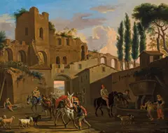 Jacob de Heusch, Figural scene in front of an aqueduct, oil on panel