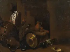 Willem Kalf, Kitchen still life, oil on canvas
