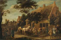 Lambert de Hondt, Resting equestrians in front of a blacksmith, oil on canvas