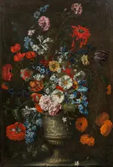 Bartolomeo Bimbi, Summer flowers in a vase with reliefs, oil on canvas