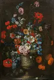 Bartolomeo Bimbi, Summer flowers in a vase with reliefs, oil on canvas