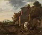 Philips Wouwerman, At the blacksmith, oil on panel, parqueted, unframed