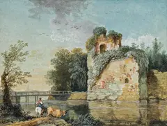 Johann Gottlieb Hackert, River landscape with castle ruins and staffage, gouache on paper