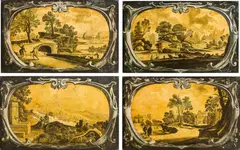 Gerhard Janssen, Landscapes with staffage (4 pieces), reverse glass painting/ églomisé technique