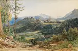 Thomas Ender, View of Kastelruth in South Tyrol with the mountains of Val Gardena in the background, c. 1845, watercolour on paper