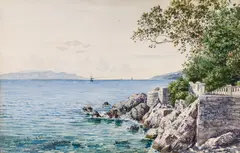 Franz Alt, Coastal landscape at Miramare Castle, 1876, watercolour on paper