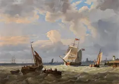 Egide Linnig, Sailing ships in front of a Dutch city, 1851, oil on canvas
