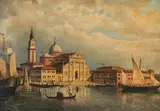 Carlo Grubacs attributed, Venice, San Giorgio Magiore, oil on cardboard
