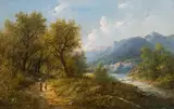 Eduard Boehm, River landscape with mill, oil on canvas